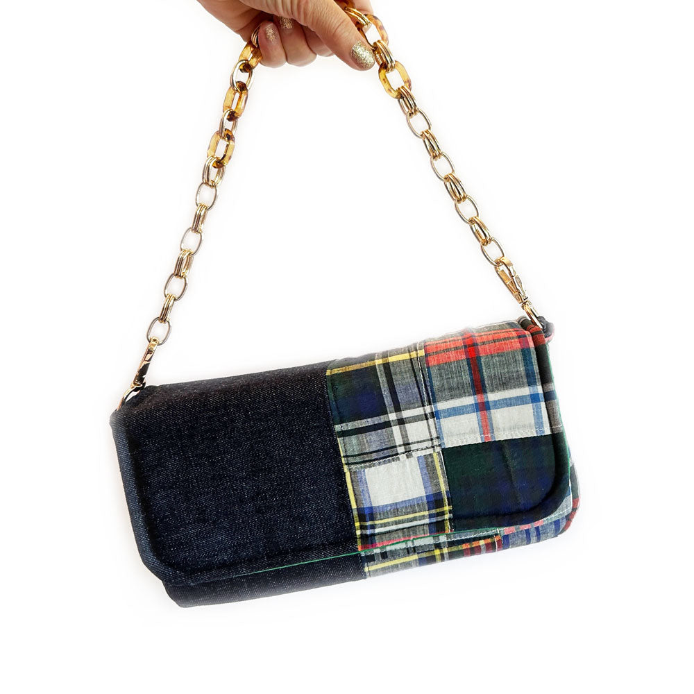 plaid and denim baguette bag