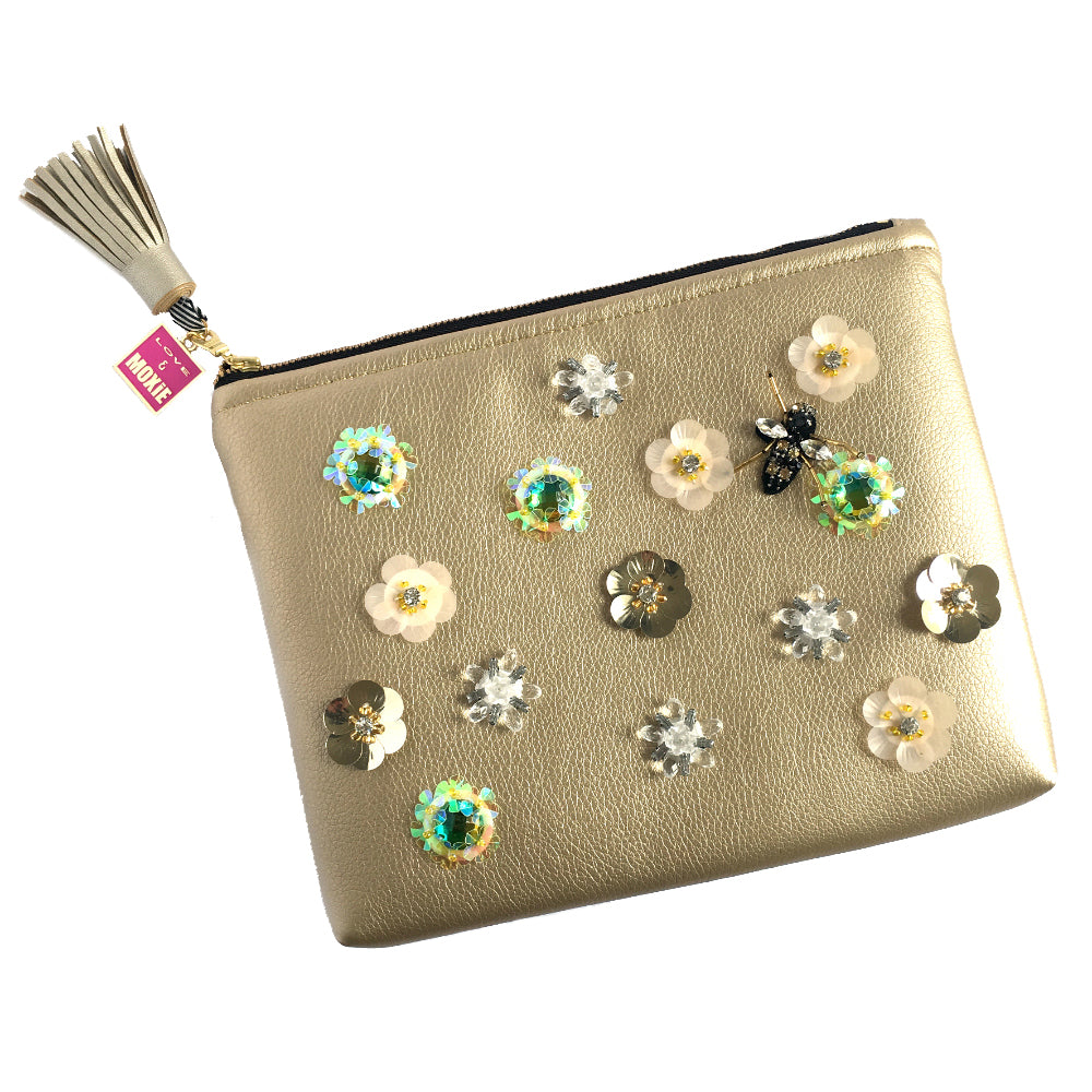 rhinestone flower gold clutch