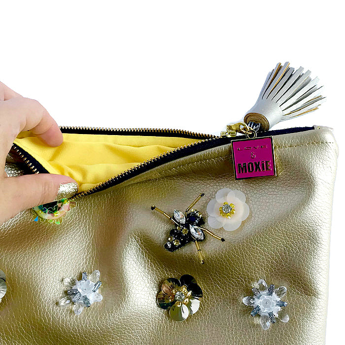 bejeweled flower and bee clutch bag